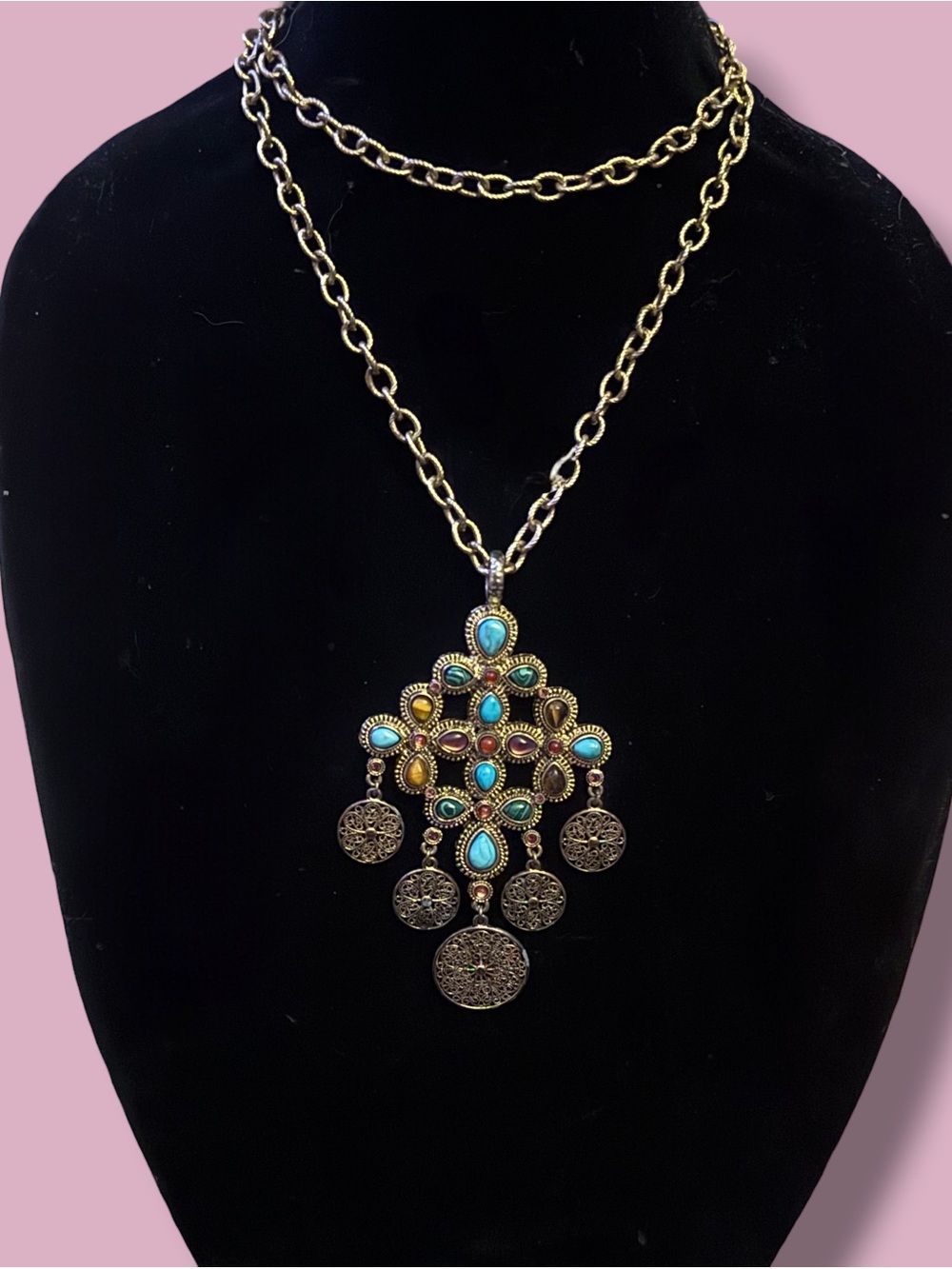 Vintage R.J. Graziano gold tone multi stone statement pendant necklace